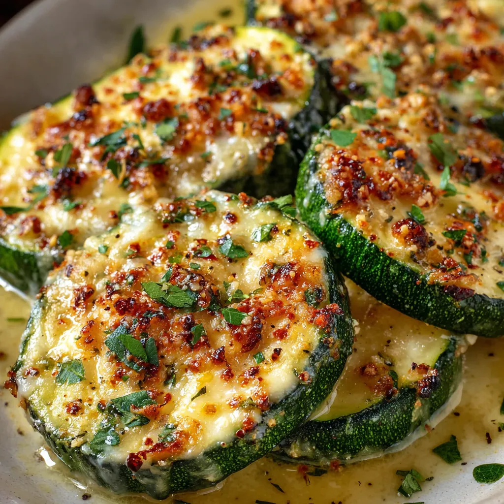 Cheesy Garlic Zucchini Steaks with melted mozzarella and golden Parmesan on a parchment-lined baking sheet.