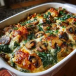 Chicken Spinach and Mushroom Low Carb Oven Dish baked with creamy sauce and golden mozzarella cheese on top