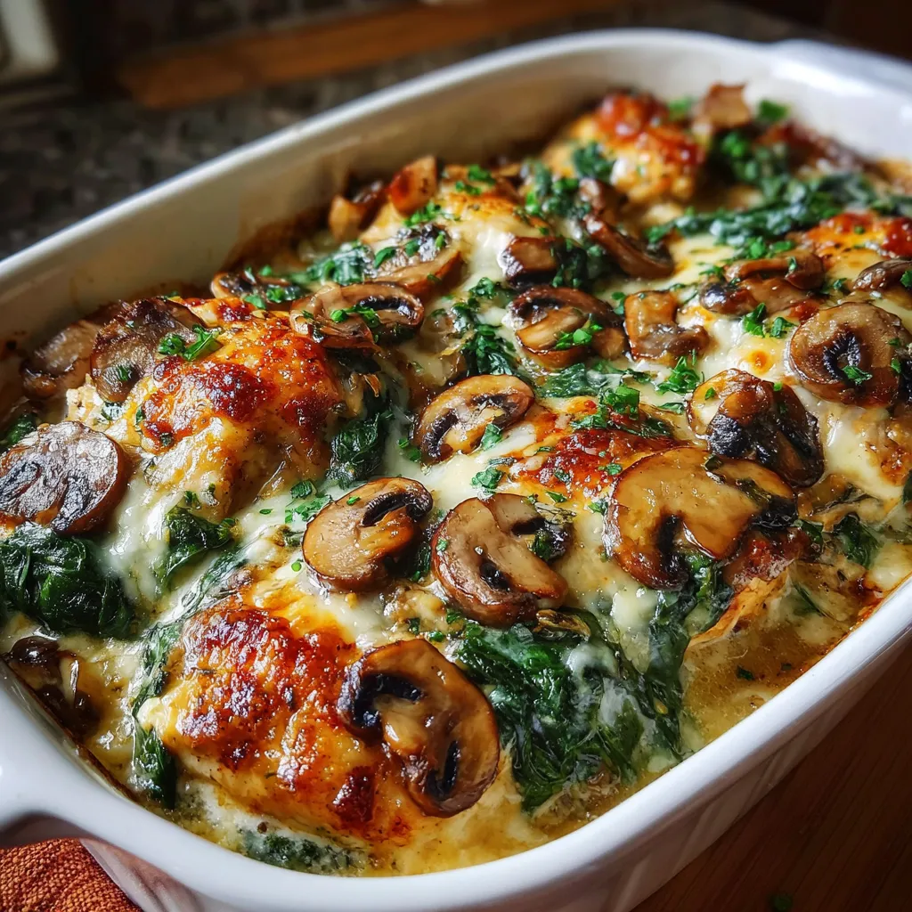 Chicken Spinach and Mushroom Low Carb Oven Dish baked with creamy sauce and golden mozzarella cheese on top