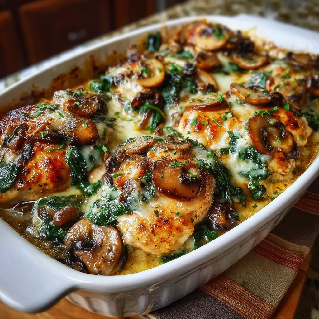 Chicken Spinach and Mushroom Low Carb Oven Dish baked with creamy sauce and golden mozzarella cheese on top