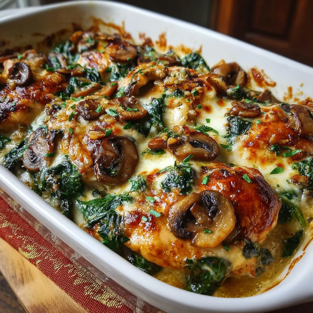 Chicken Spinach and Mushroom Low Carb Oven Dish baked with creamy sauce and golden mozzarella cheese on top