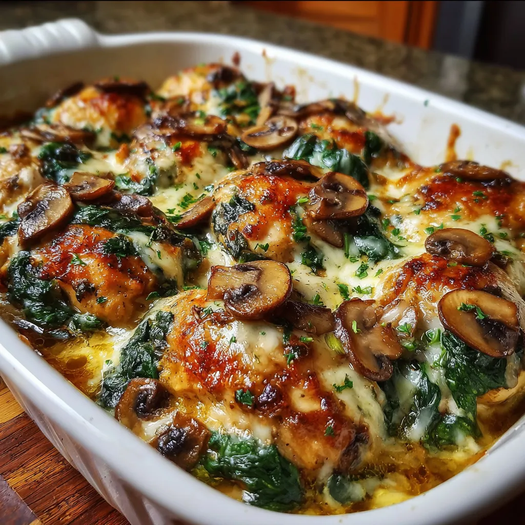 Chicken Spinach and Mushroom Low Carb Oven Dish baked with creamy sauce and golden mozzarella cheese on top