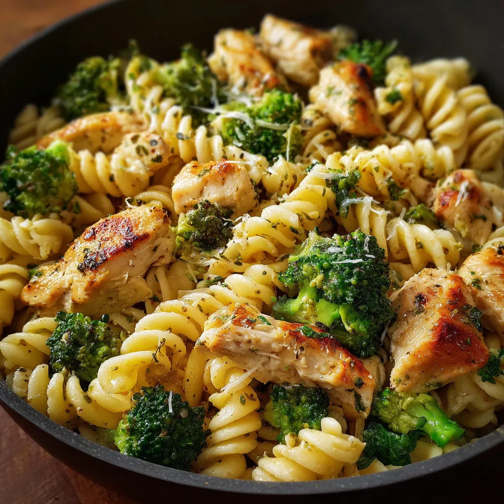 Creamy chicken and broccoli pasta served in a white bowl, topped with Parmesan and fresh parsley.
