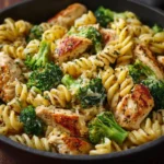 Creamy chicken and broccoli pasta served in a white bowl, topped with Parmesan and fresh parsley.