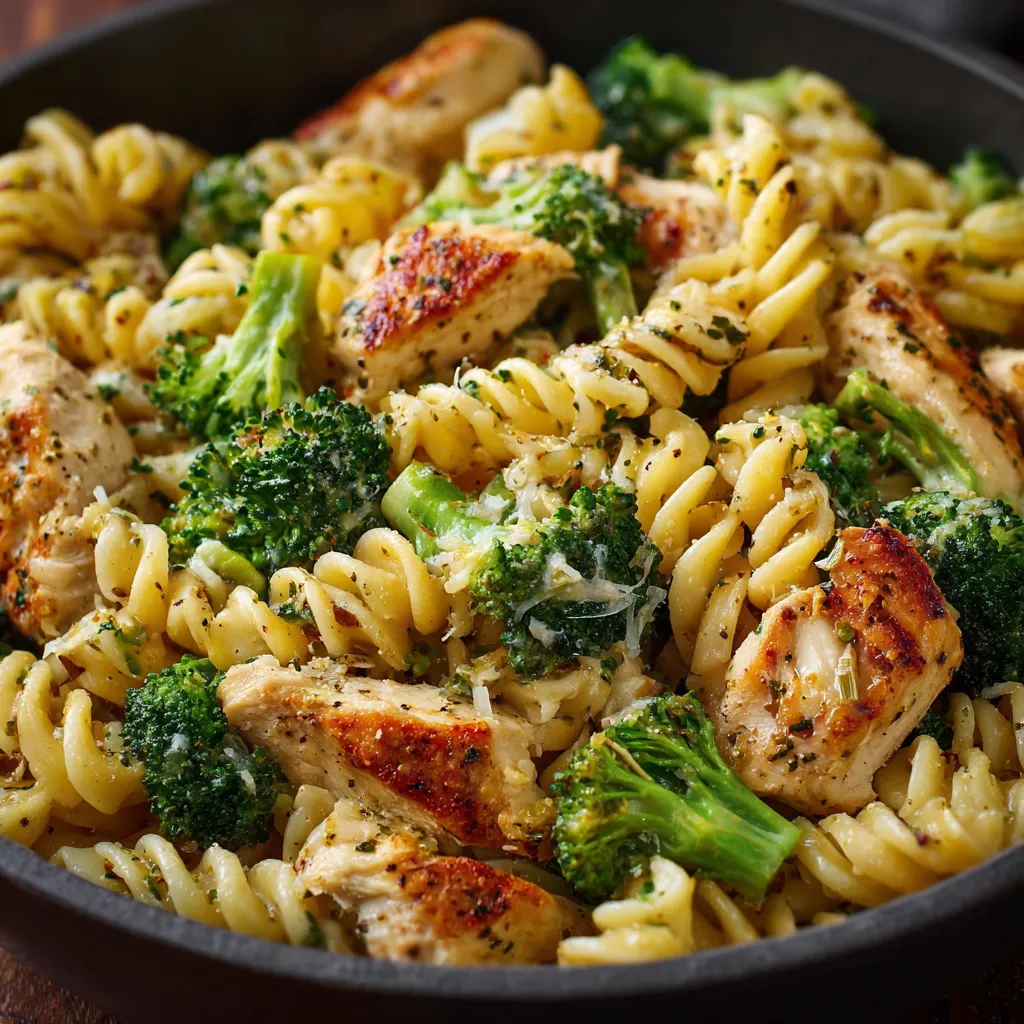 Creamy chicken and broccoli pasta served in a white bowl, topped with Parmesan and fresh parsley.