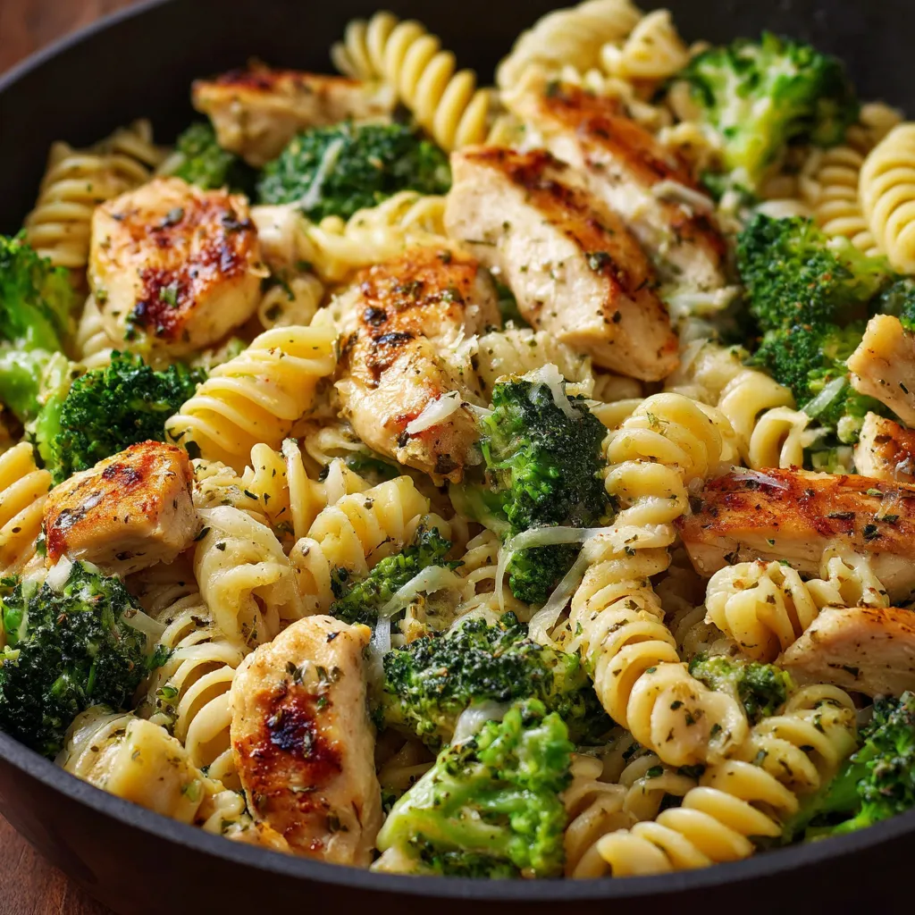 Creamy chicken and broccoli pasta served in a white bowl, topped with Parmesan and fresh parsley.