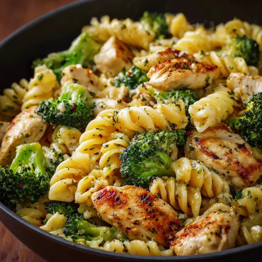 Creamy chicken and broccoli pasta served in a white bowl, topped with Parmesan and fresh parsley.