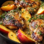 Golden-seared chicken thighs with fresh peaches in lemon honey butter sauce, garnished with thyme in a skillet.