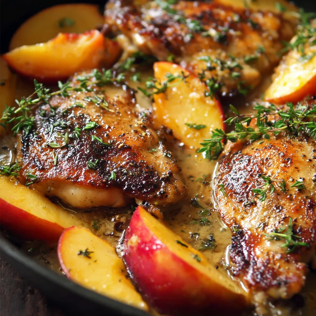 Golden-seared chicken thighs with fresh peaches in lemon honey butter sauce, garnished with thyme in a skillet.