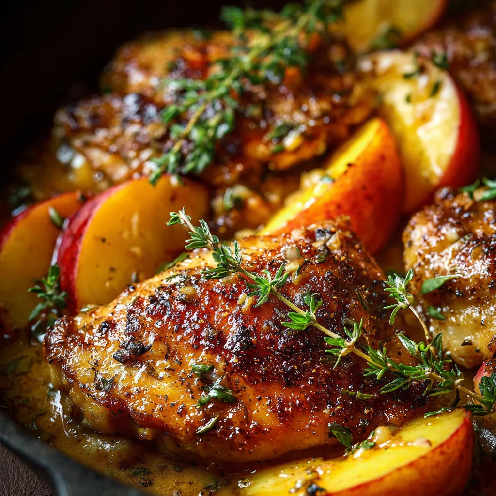 Golden-seared chicken thighs with fresh peaches in lemon honey butter sauce, garnished with thyme in a skillet.