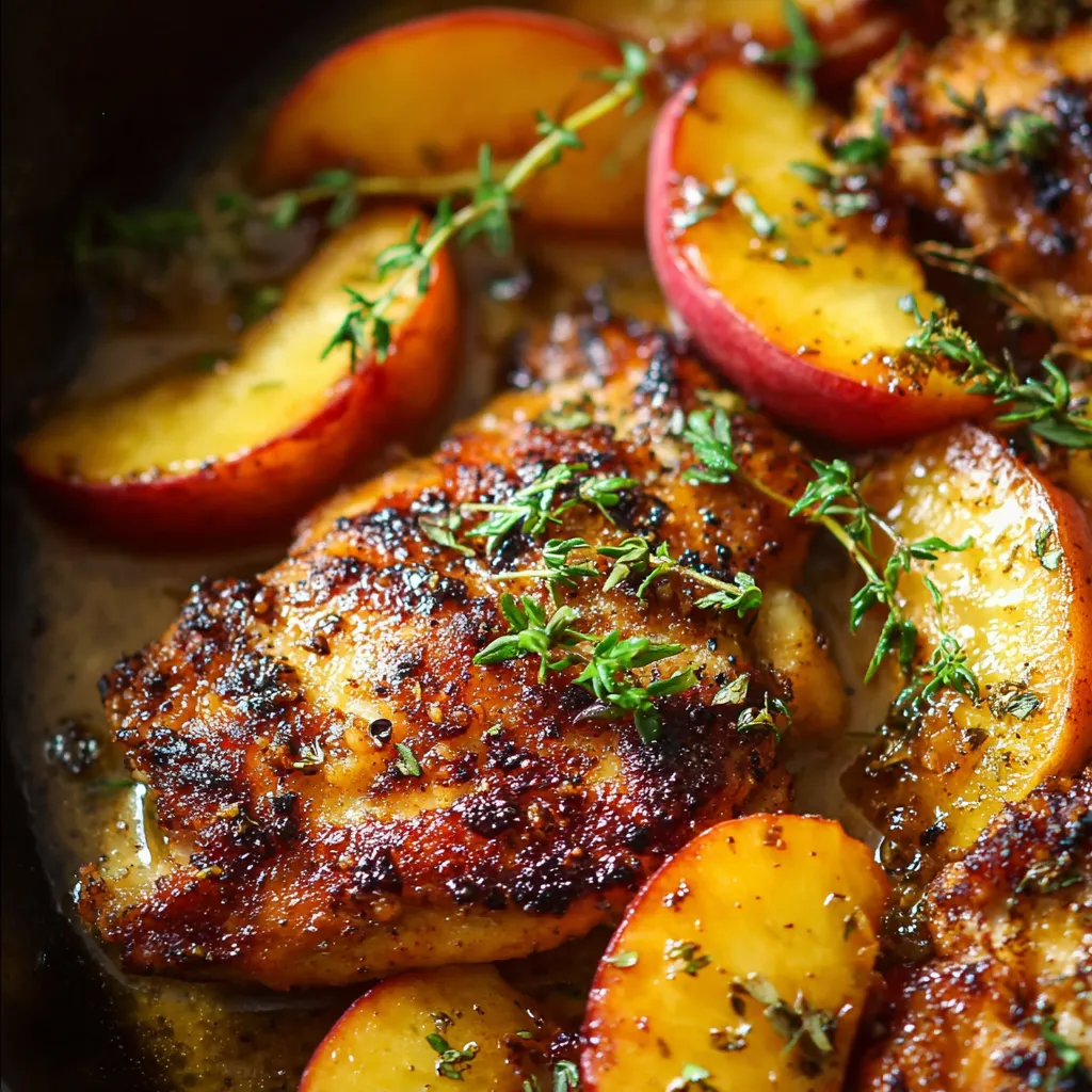 Golden-seared chicken thighs with fresh peaches in lemon honey butter sauce, garnished with thyme in a skillet.