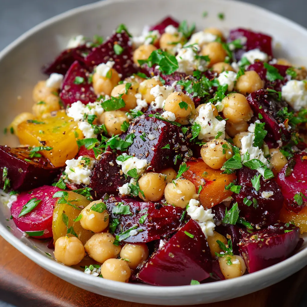 Colorful chickpea, beet, and feta salad drizzled with lemon-garlic vinaigrette on a white plate.