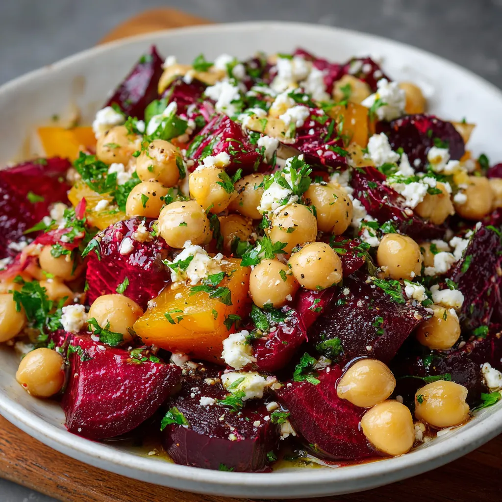 Colorful chickpea, beet, and feta salad drizzled with lemon-garlic vinaigrette on a white plate.