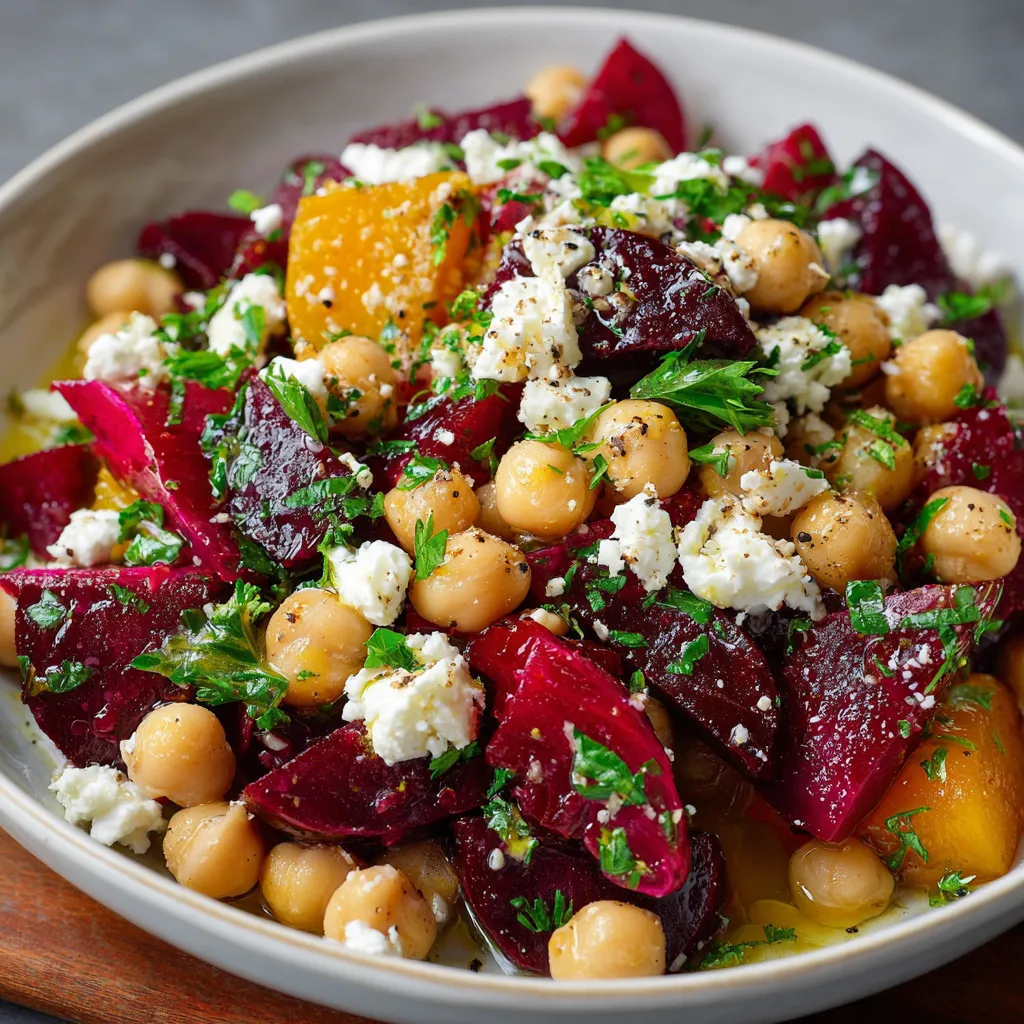 Colorful chickpea, beet, and feta salad drizzled with lemon-garlic vinaigrette on a white plate.
