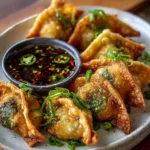 Crispy Chile Relleno Wontons with golden edges served with a jalapeño soy dipping sauce and garnished with green onions.