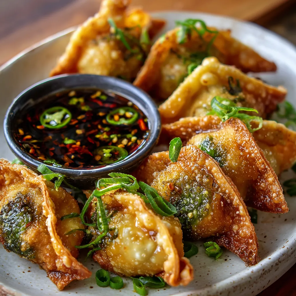 Crispy Chile Relleno Wontons with golden edges served with a jalapeño soy dipping sauce and garnished with green onions.