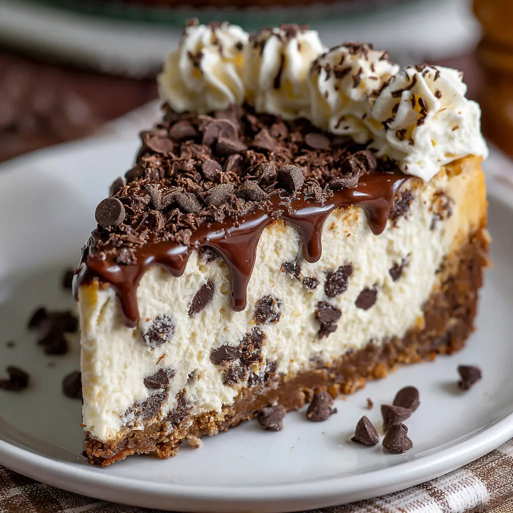 Chocolate chip no-bake cheesecake on a graham cracker crust with chocolate garnish
