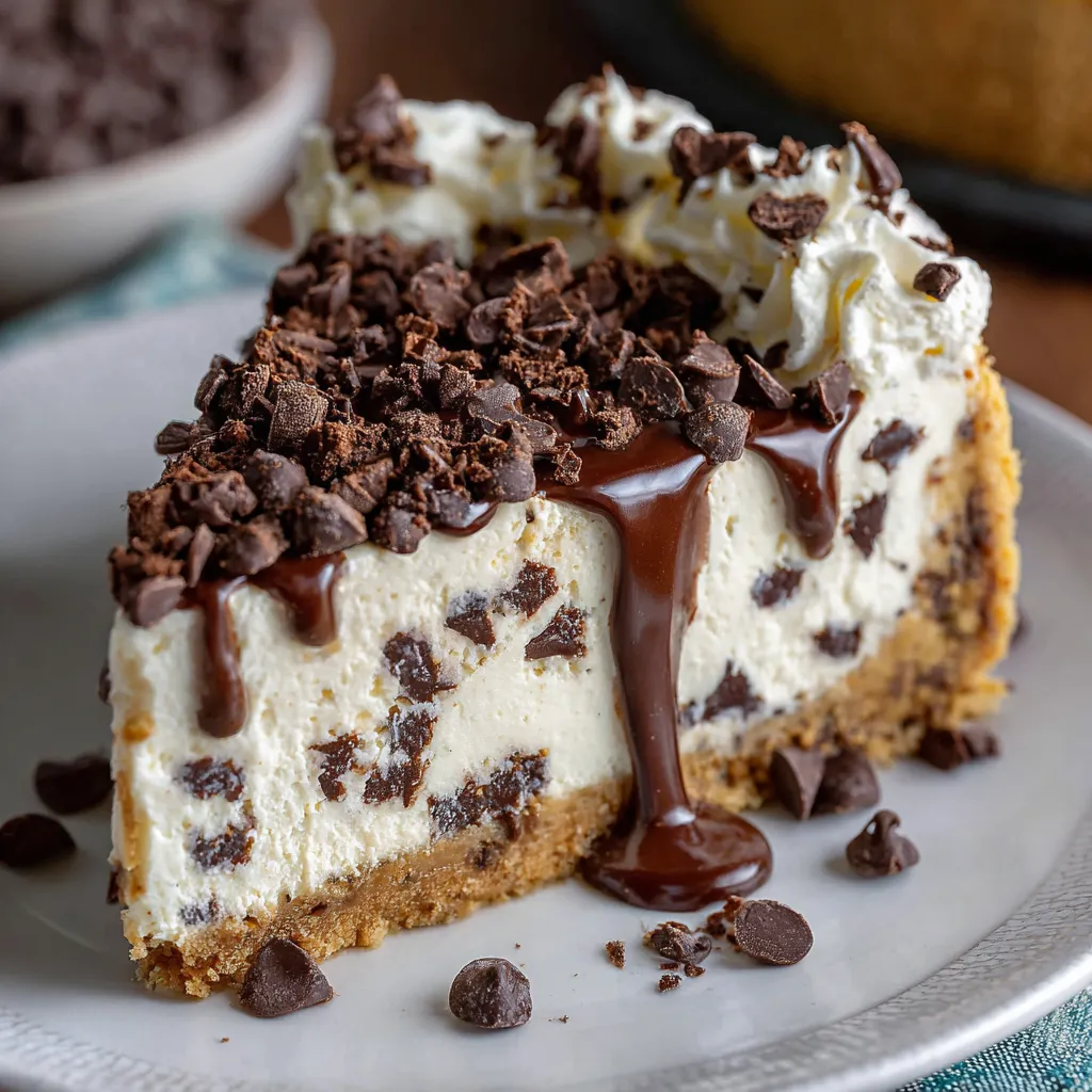 Chocolate chip no-bake cheesecake on a graham cracker crust with chocolate garnish