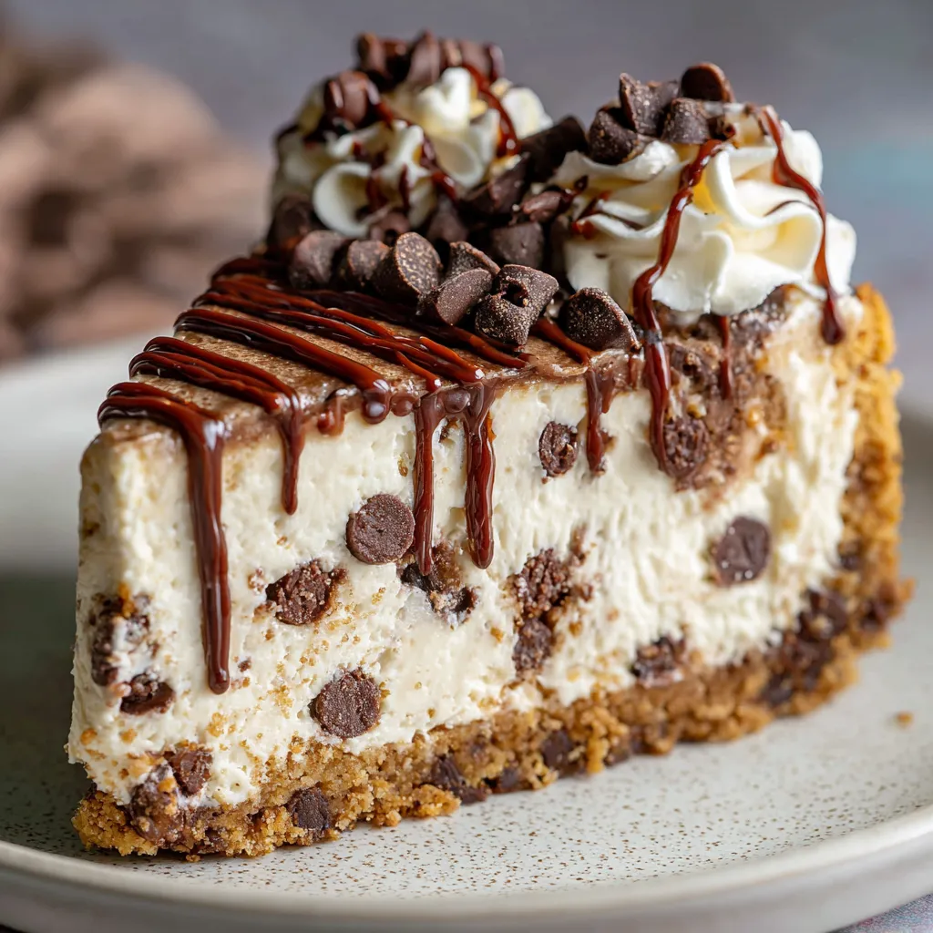 Chocolate chip no-bake cheesecake on a graham cracker crust with chocolate garnish