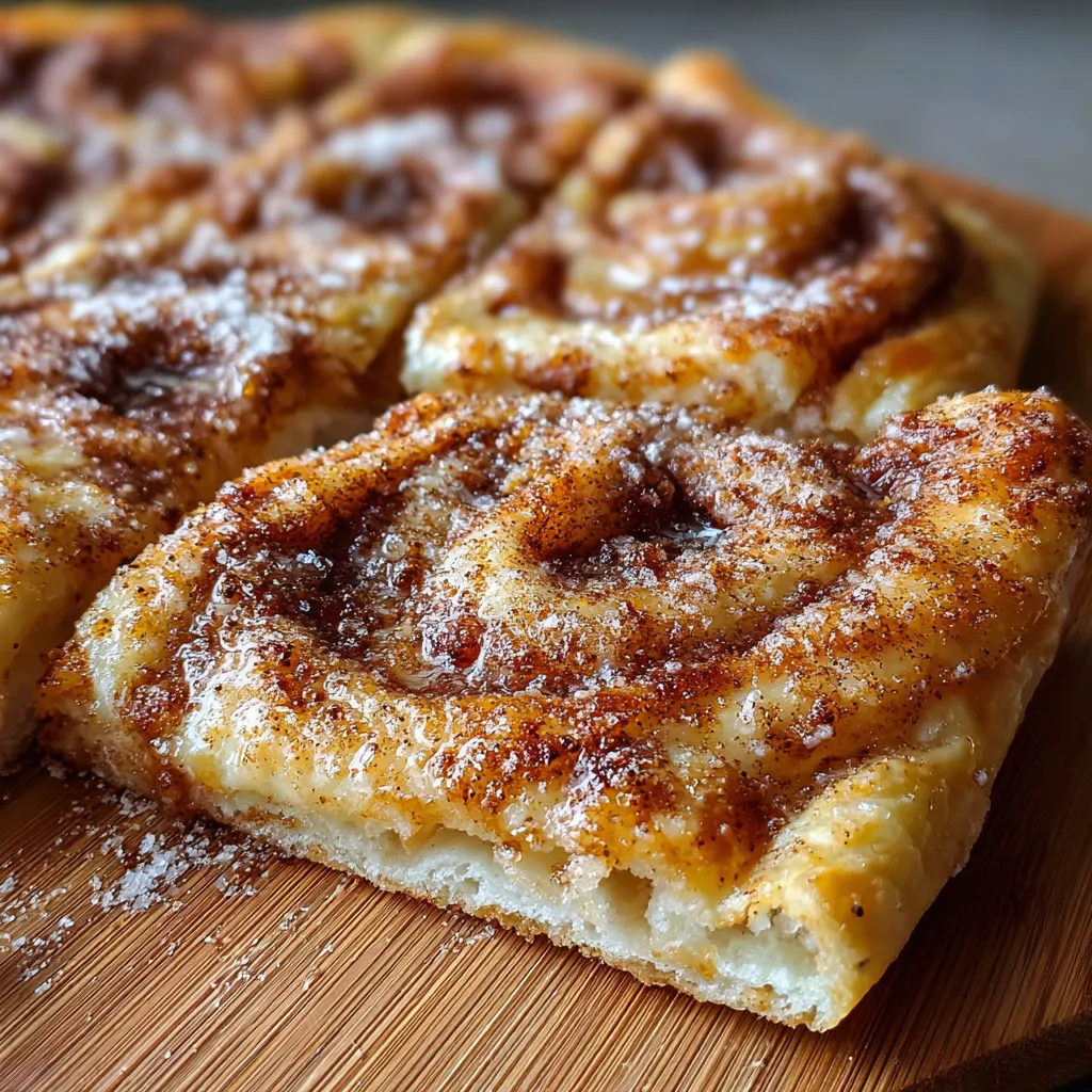 Cinnamon-Sugar Pizza made with crescent rolls, topped with glaze and sliced into wedges.