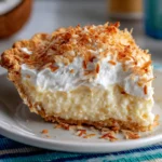 Freshly baked coconut cream pie with a golden crust, creamy filling, whipped cream topping, and toasted coconut garnish