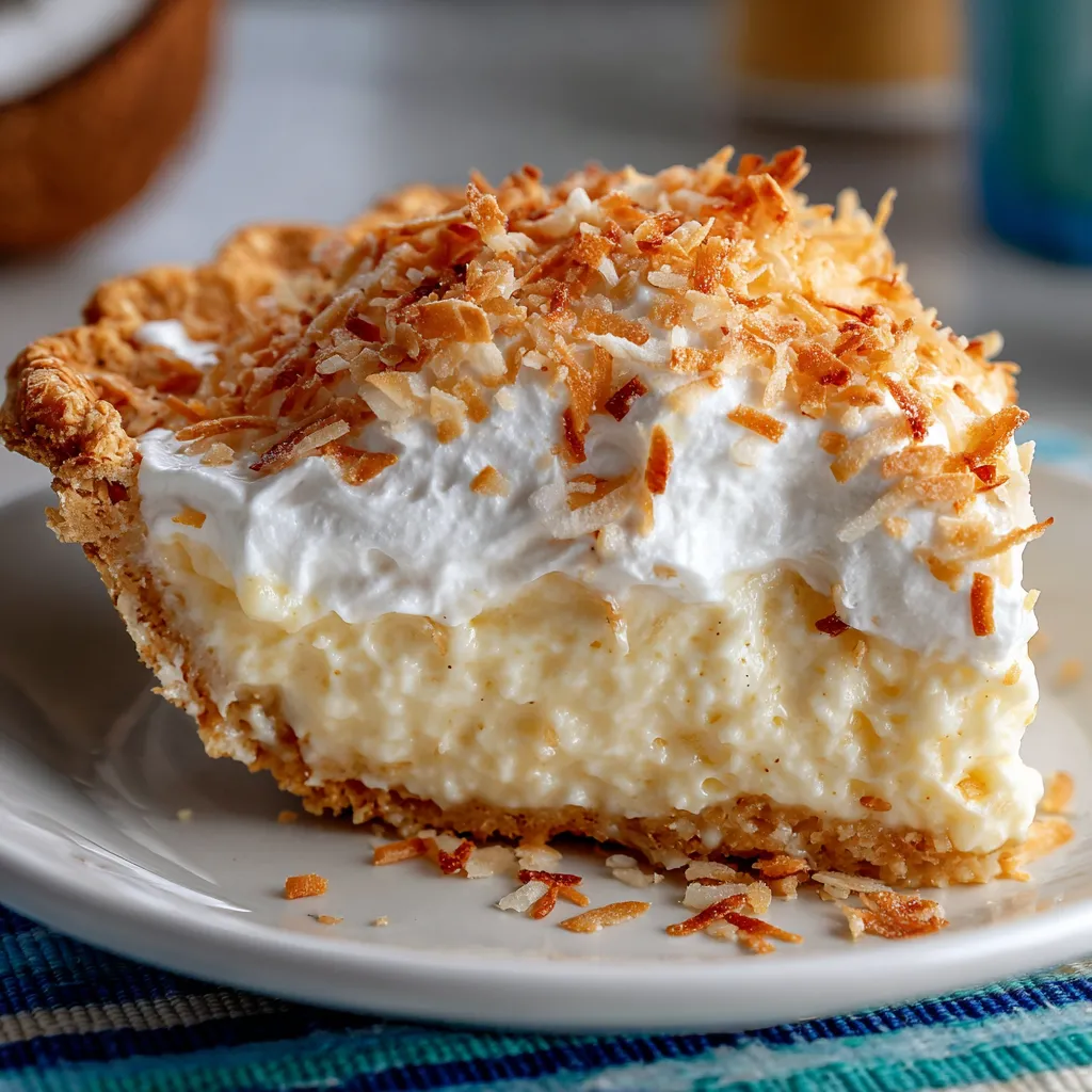 Freshly baked coconut cream pie with a golden crust, creamy filling, whipped cream topping, and toasted coconut garnish
