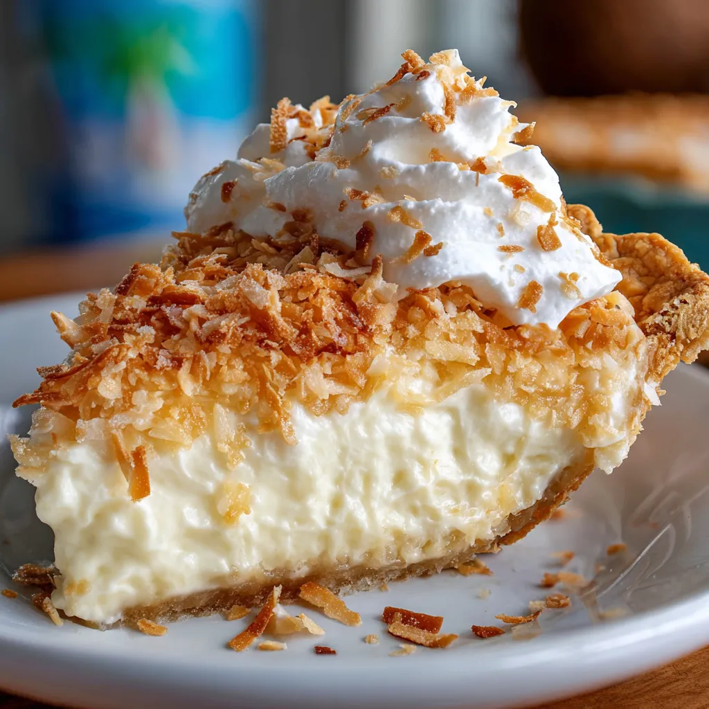 Freshly baked coconut cream pie with a golden crust, creamy filling, whipped cream topping, and toasted coconut garnish