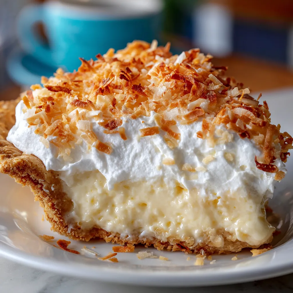 Freshly baked coconut cream pie with a golden crust, creamy filling, whipped cream topping, and toasted coconut garnish