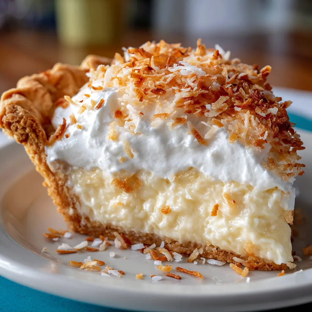 Freshly baked coconut cream pie with a golden crust, creamy filling, whipped cream topping, and toasted coconut garnish