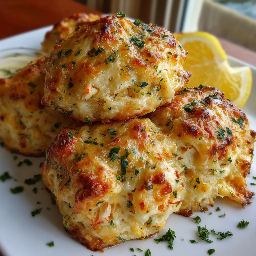 Golden crab-stuffed cheddar biscuits brushed with fresh lemon butter, served warm on a rustic baking tray.