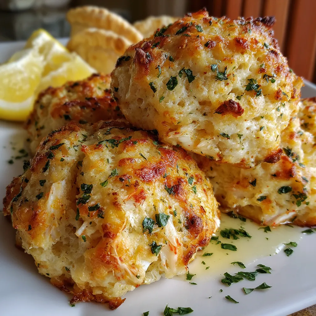 Golden crab-stuffed cheddar biscuits brushed with fresh lemon butter, served warm on a rustic baking tray.