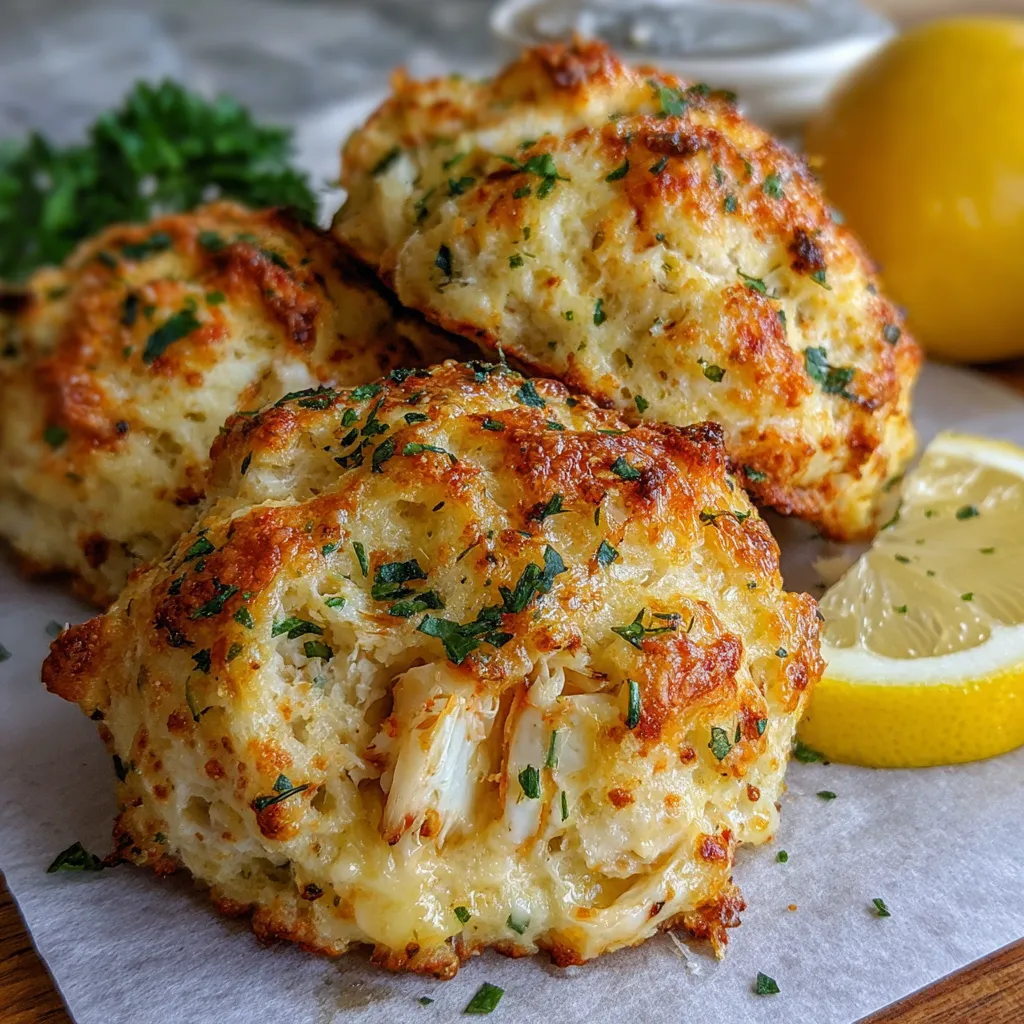 Golden crab-stuffed cheddar biscuits brushed with fresh lemon butter, served warm on a rustic baking tray.