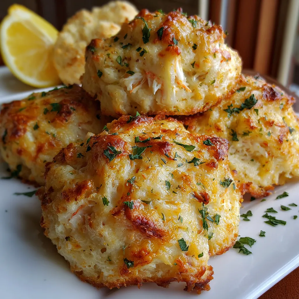 Golden crab-stuffed cheddar biscuits brushed with fresh lemon butter, served warm on a rustic baking tray.