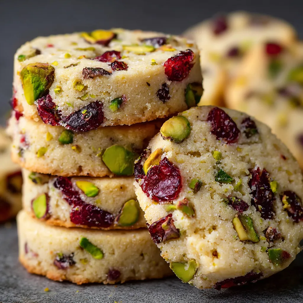 Cranberry pistachio shortbread cookies on a baking tray, golden edges and festive red-green colors