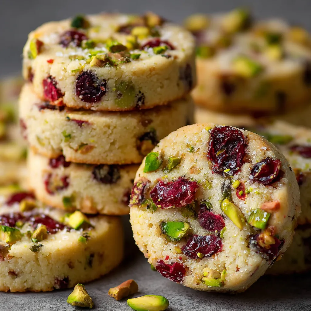 Cranberry pistachio shortbread cookies on a baking tray, golden edges and festive red-green colors