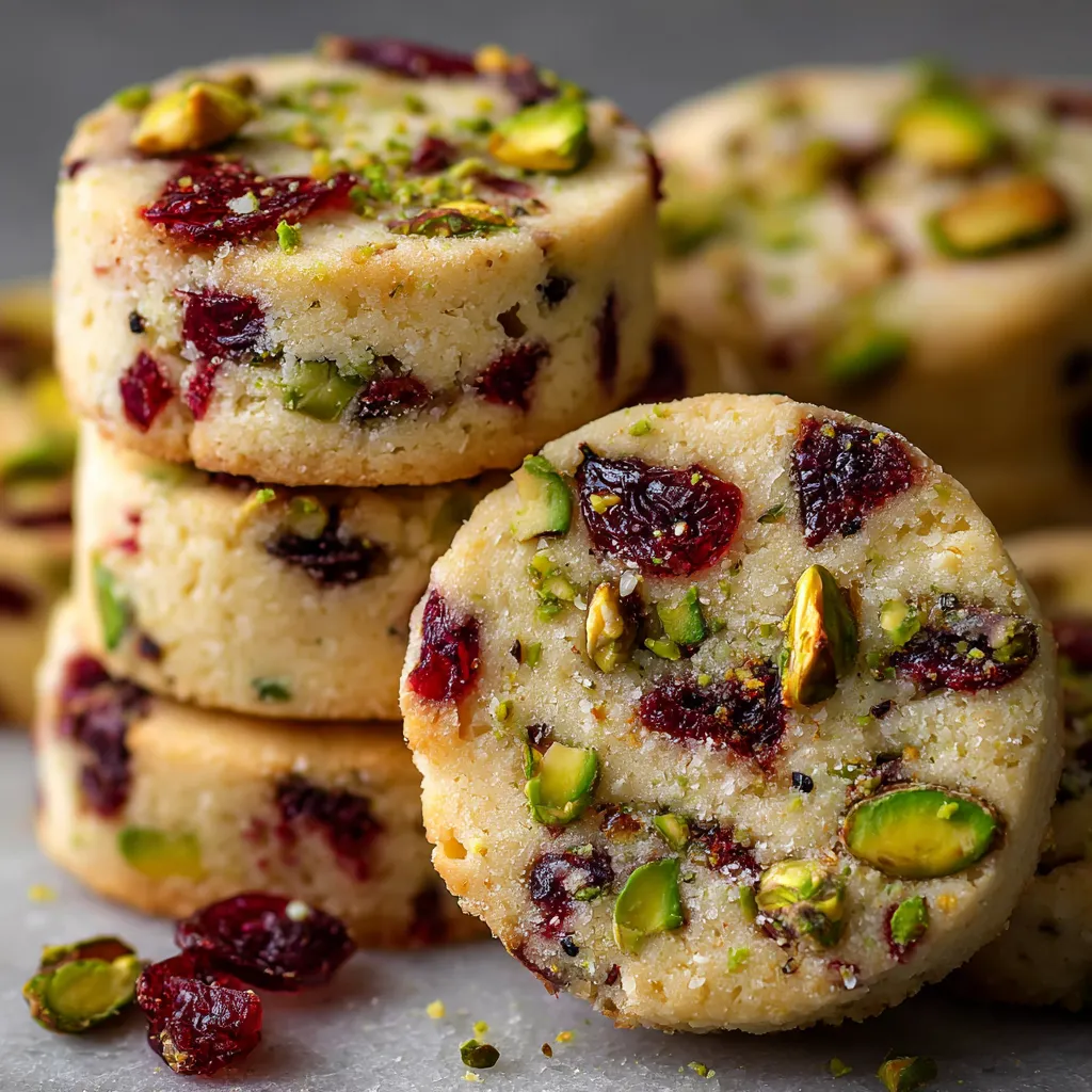 Cranberry pistachio shortbread cookies on a baking tray, golden edges and festive red-green colors