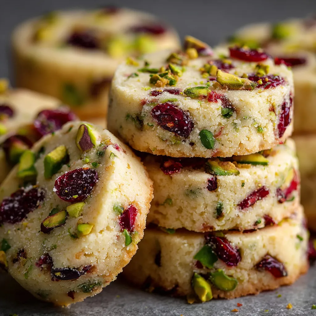 Cranberry pistachio shortbread cookies on a baking tray, golden edges and festive red-green colors