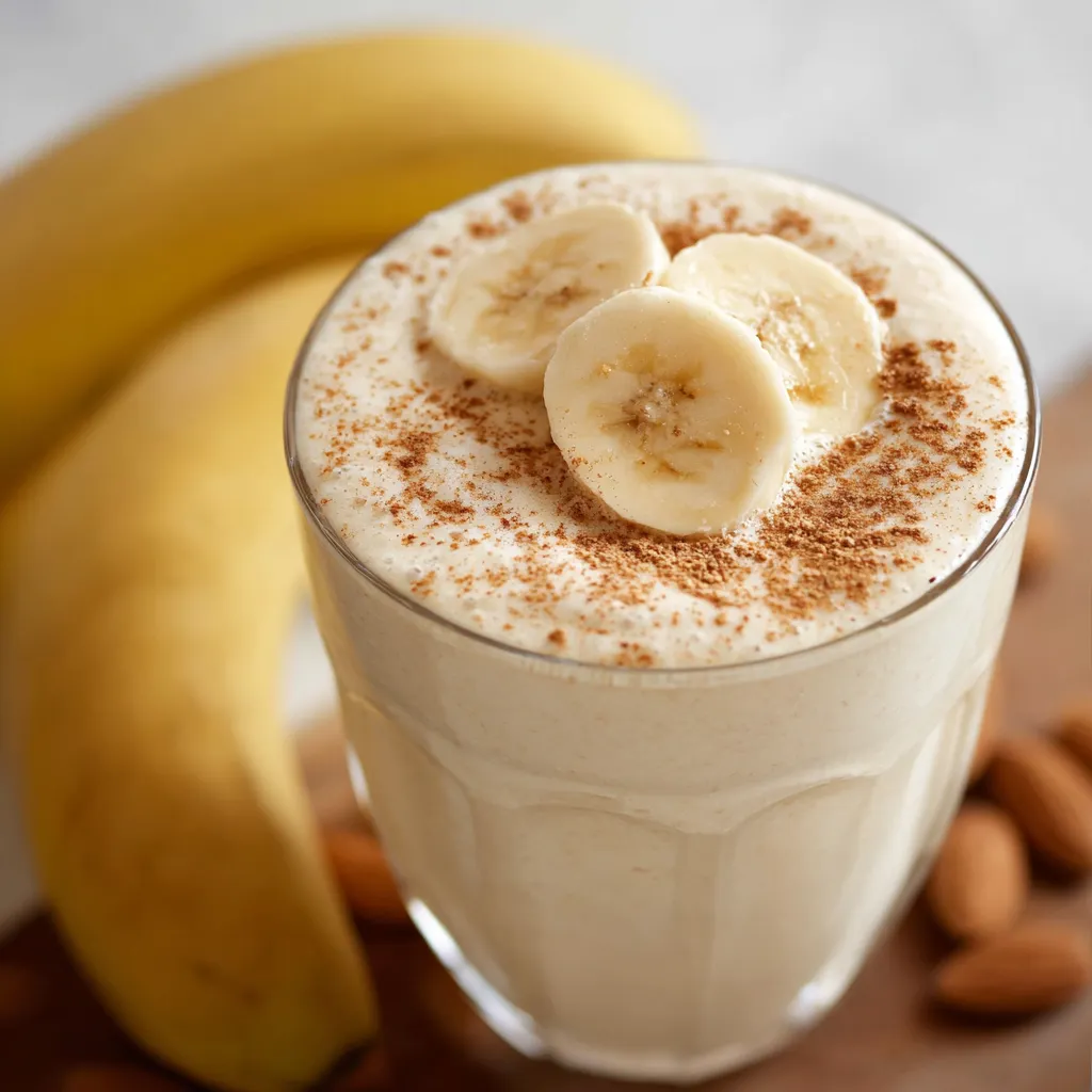 A glass of creamy banana breakfast smoothie topped with a sprinkle of cinnamon and served with a reusable straw.