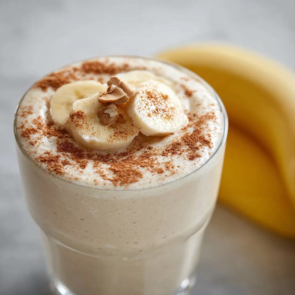 A glass of creamy banana breakfast smoothie topped with a sprinkle of cinnamon and served with a reusable straw.
