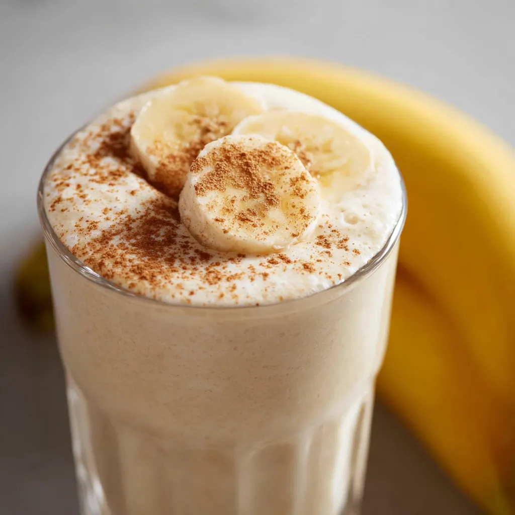 A glass of creamy banana breakfast smoothie topped with a sprinkle of cinnamon and served with a reusable straw.