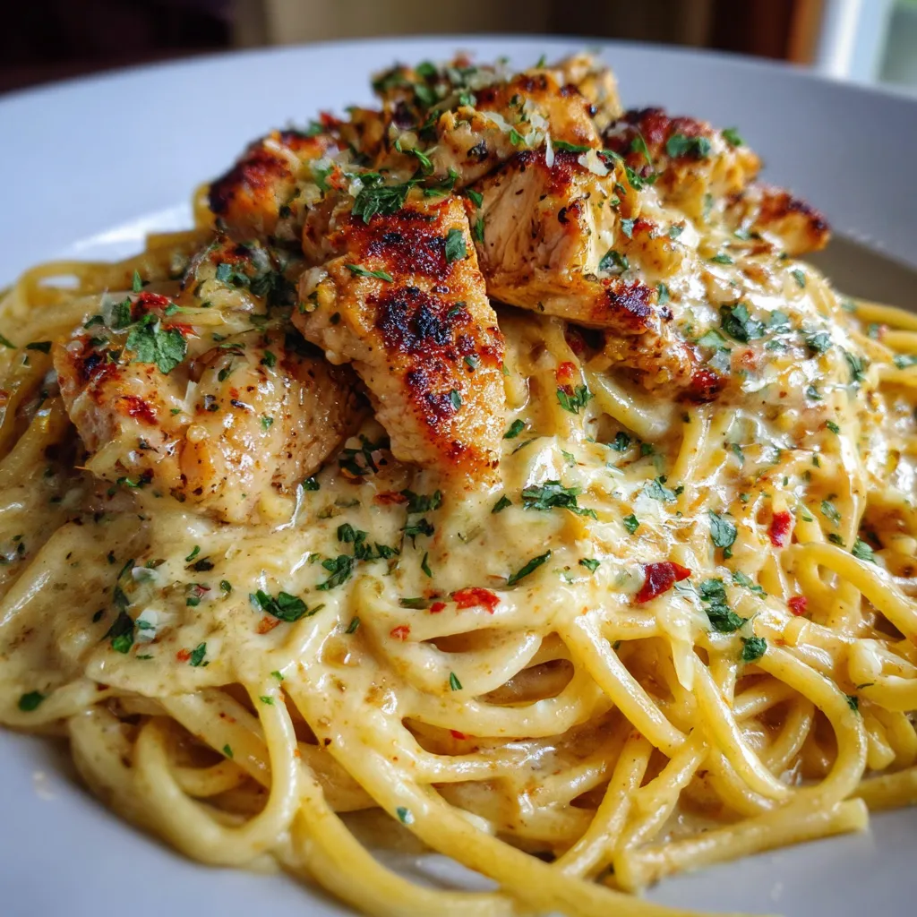 Creamy Cajun chicken spaghetti topped with fresh parsley in a skillet.