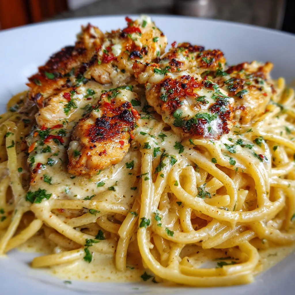 Creamy Cajun chicken spaghetti topped with fresh parsley in a skillet.