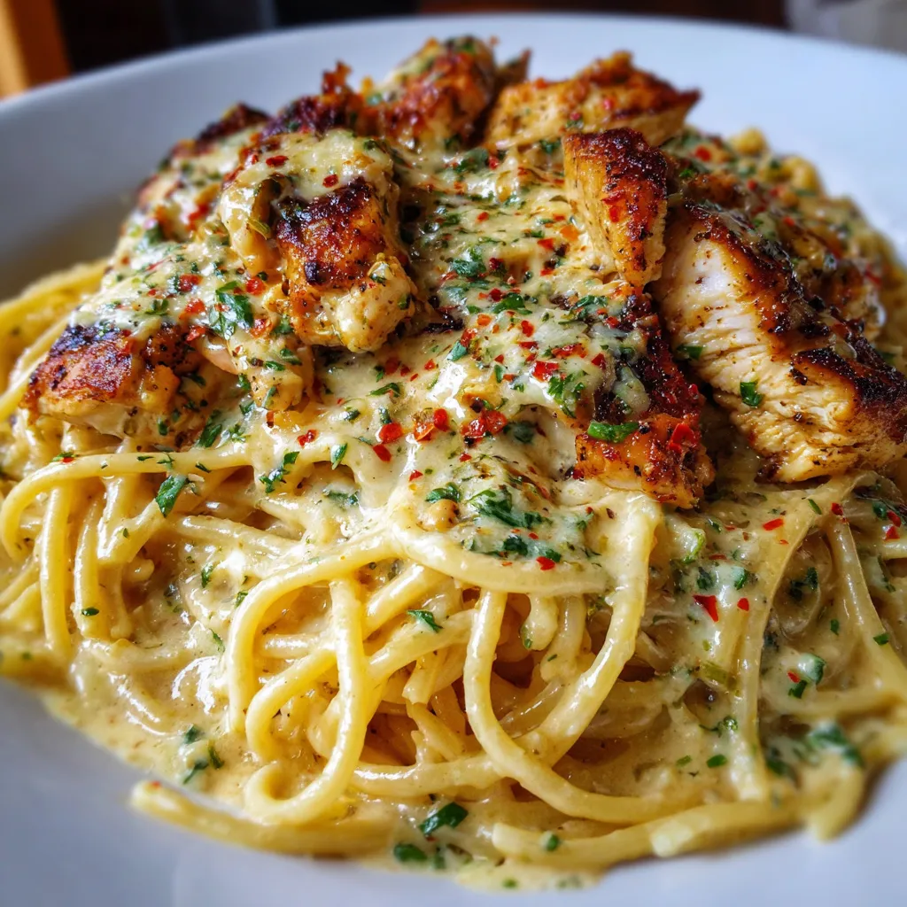 Creamy Cajun chicken spaghetti topped with fresh parsley in a skillet.