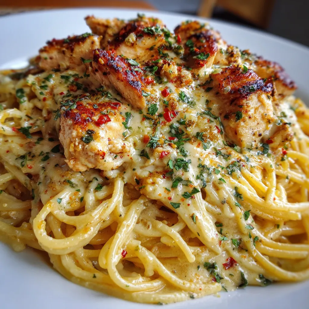 Creamy Cajun chicken spaghetti topped with fresh parsley in a skillet.