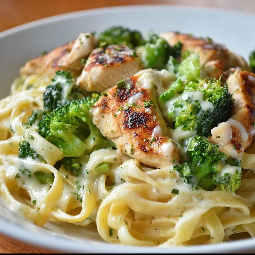 Creamy Chicken Alfredo Fettuccine with broccoli and Parmesan on a white plate