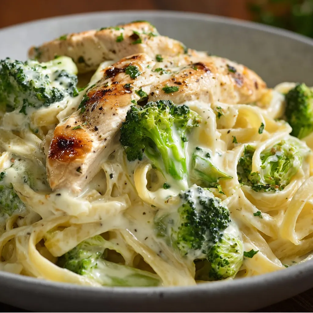 Creamy Chicken Alfredo Fettuccine with broccoli and Parmesan on a white plate