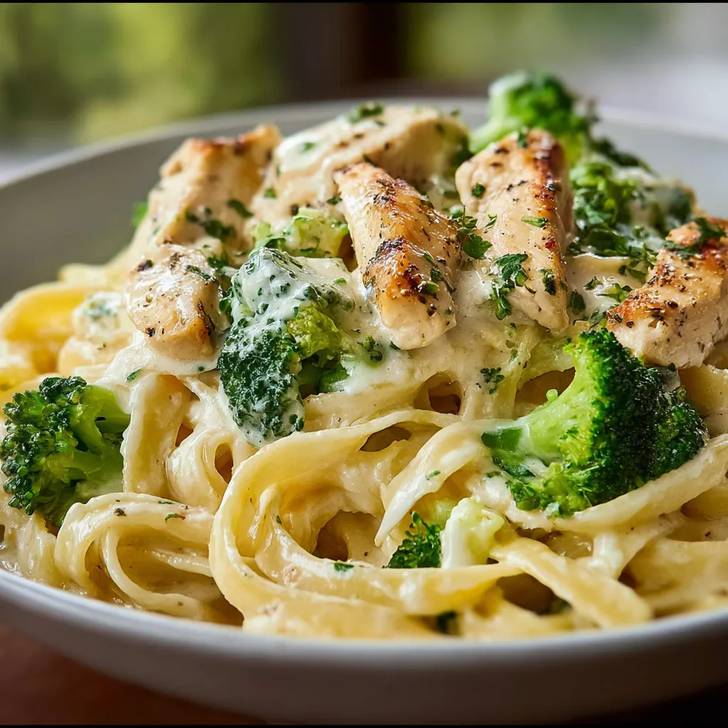 Creamy Chicken Alfredo Fettuccine with broccoli and Parmesan on a white plate