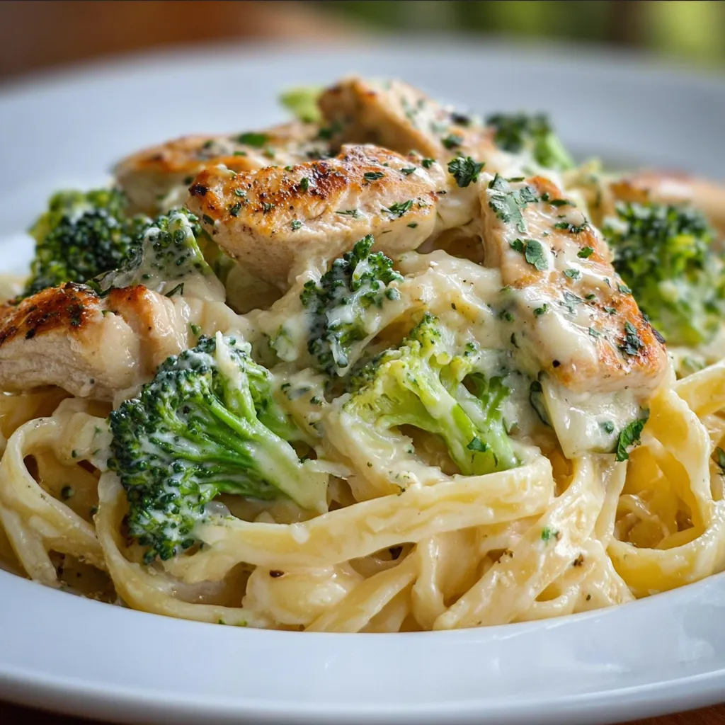 Creamy Chicken Alfredo Fettuccine with broccoli and Parmesan on a white plate