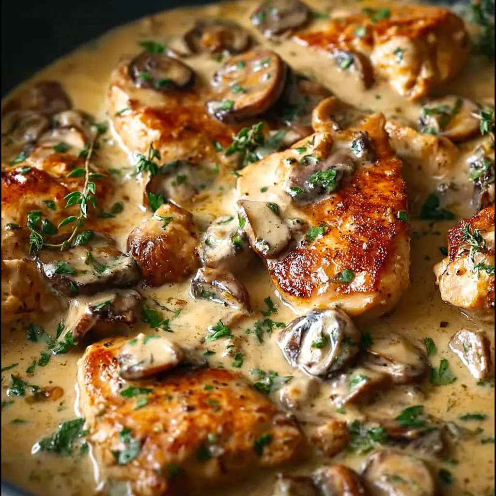 Pan-seared creamy chicken with mushrooms in Dijon sauce, garnished with parsley in a skillet.