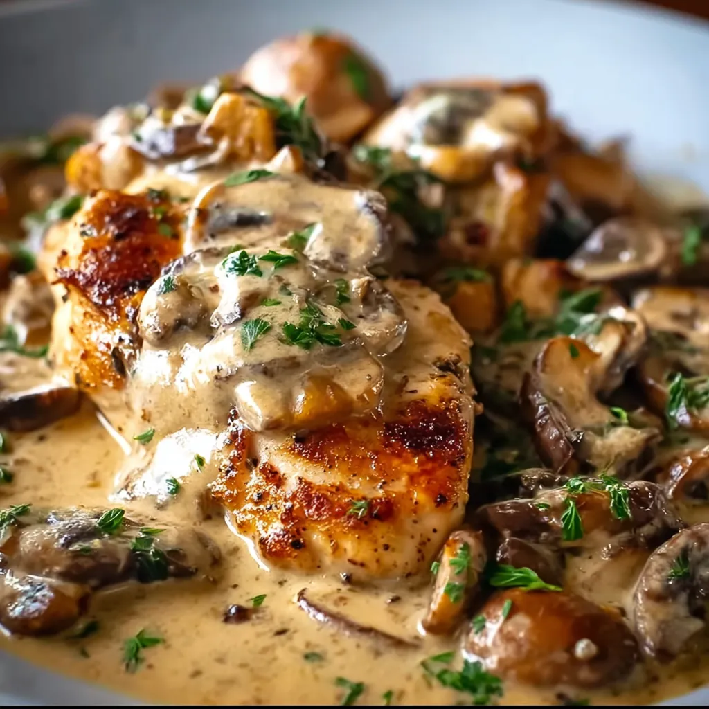 Pan-seared creamy chicken with mushrooms in Dijon sauce, garnished with parsley in a skillet.